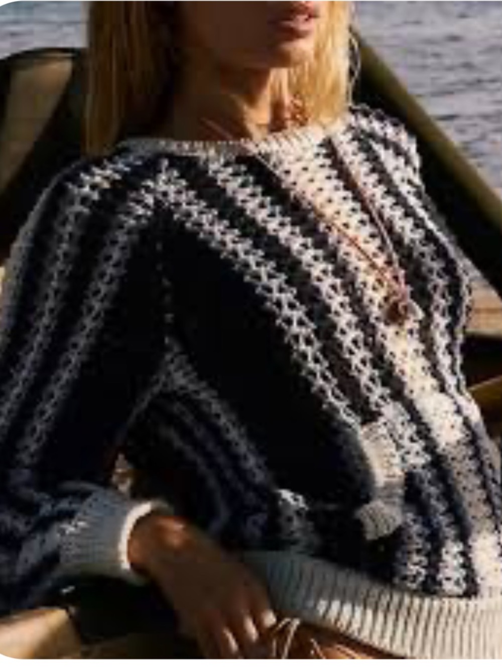 Free People Beach Dayton pullover sweater blue white striped crotchet size XS - Picture 2 of 11